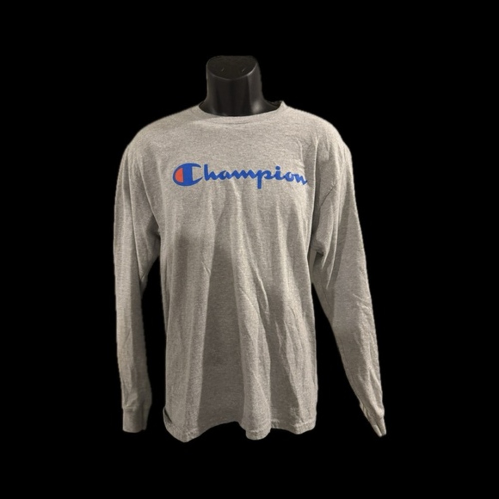 Champion Logo Print Long Sleeve T-Shirt Crewneck Heather Grey Mens Size M